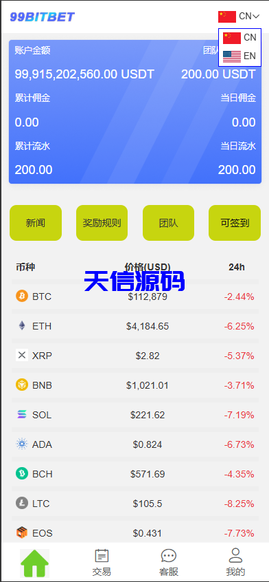 多语言虚拟币竞猜系统/虚拟币大小单双竞猜下注/USDT充值-天信源码网-精品源码网站